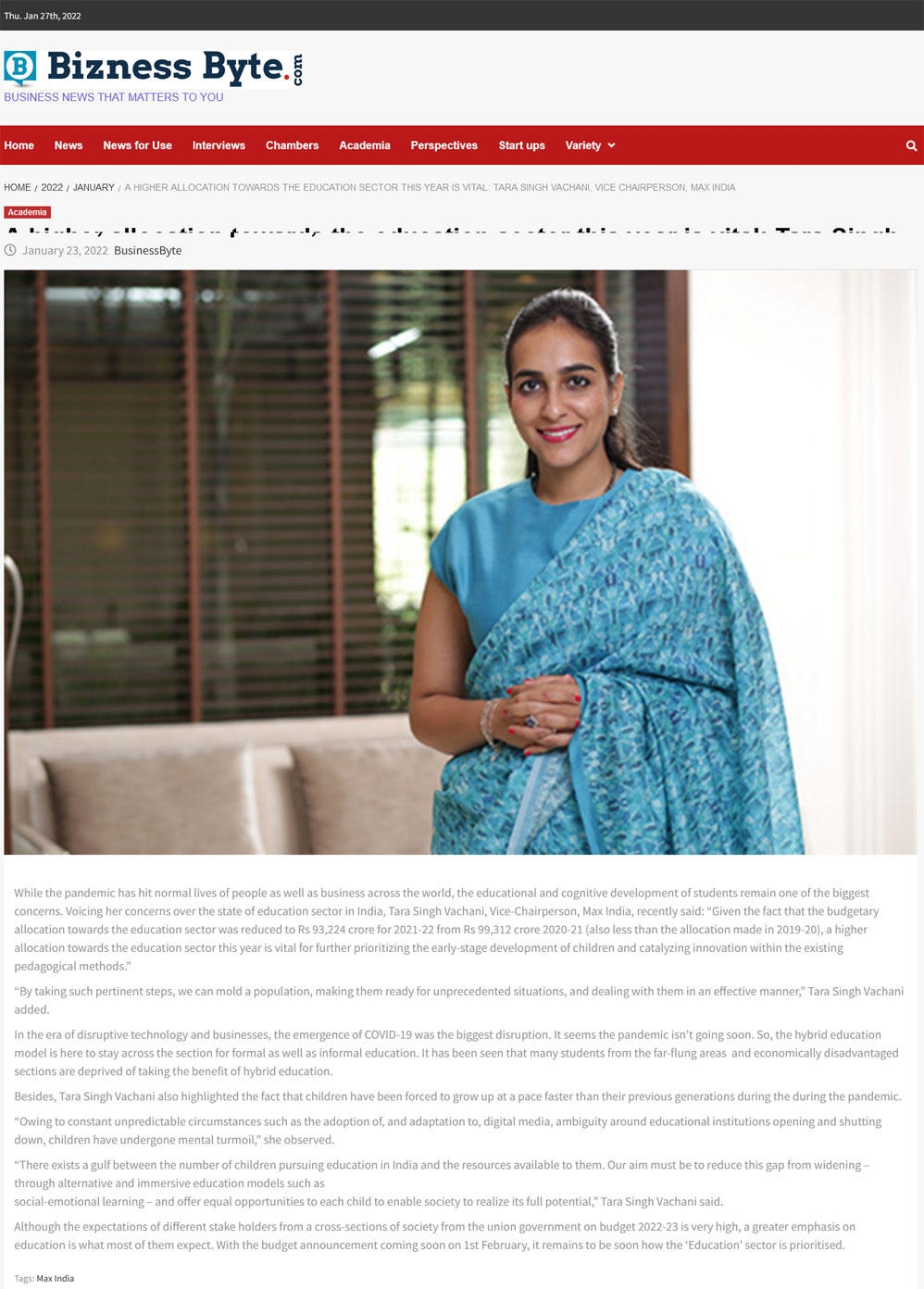 A higher allocation towards the education sector this year is vital: Tara Singh Vachani, Vice Chairperson, Max India